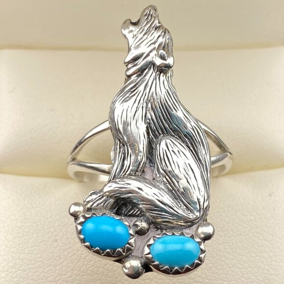 RARE Vtg Running Bear Trading Gallop Turquoise Sterling Silver Wolf Ring Sz 9.5 - Picture 10 of 16